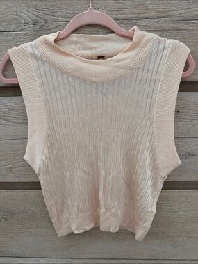Free People Sleeveless Ribbed Mock Neck Tank Vest - Cream / light peach